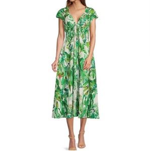 Antonio Melani Vitoria Pink Tropical Print Plunge V-Neck Cap Sleeve Maxi